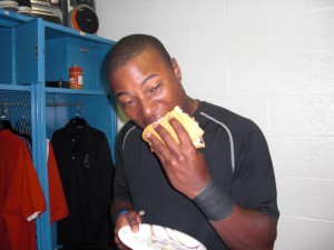 Tony Brown hopes eating the burger will let him catch fire like Wiley